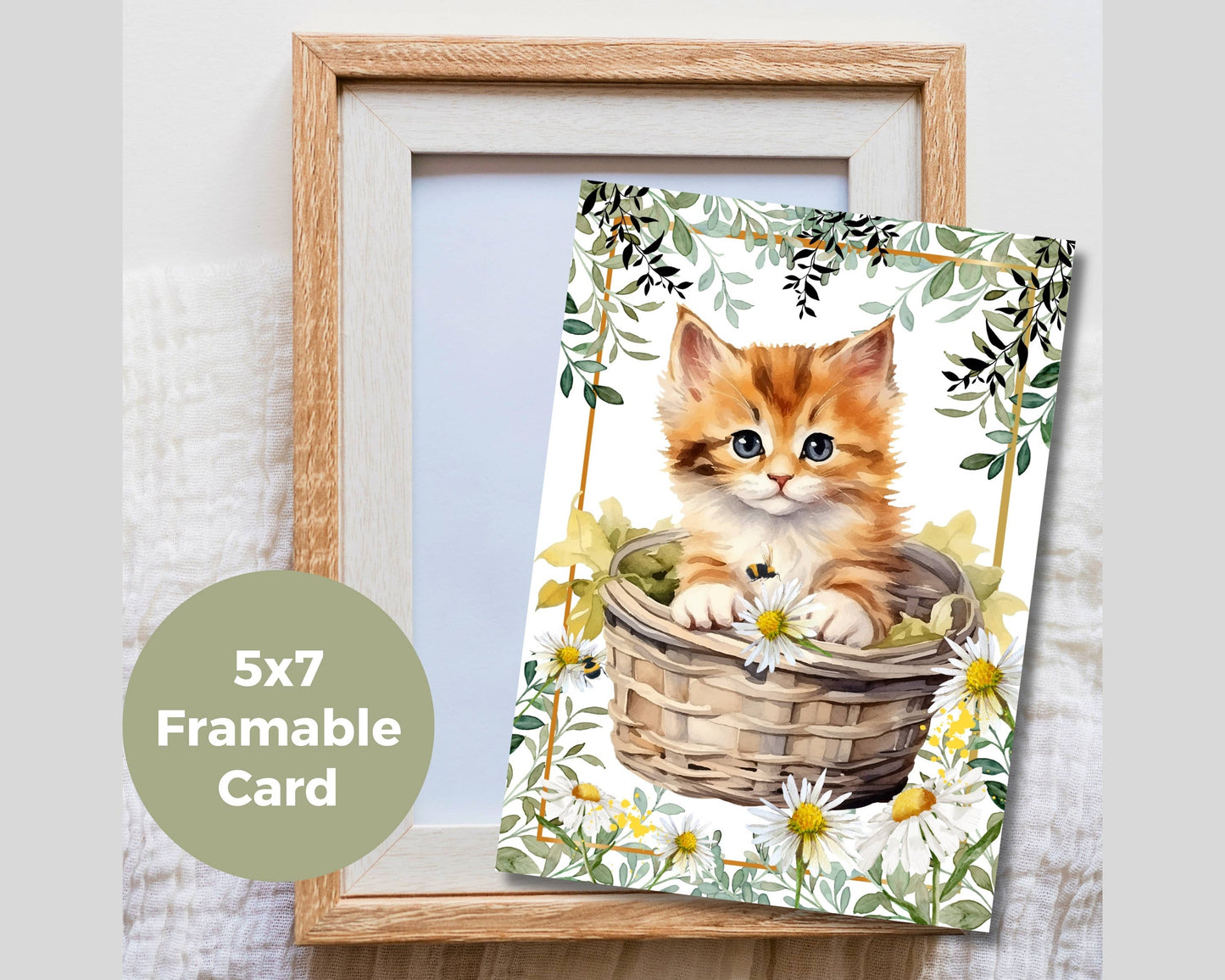 Watercolor Greeting Card - Kitten in Flowers