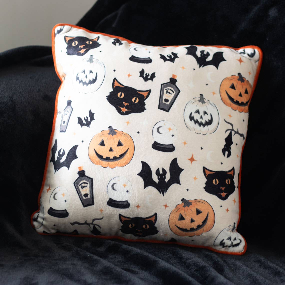 Spooky Cat and Pumpkin Halloween Throw Pillow