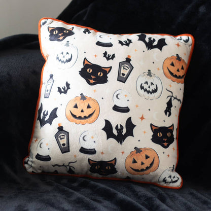 Spooky Cat and Pumpkin Halloween Throw Pillow