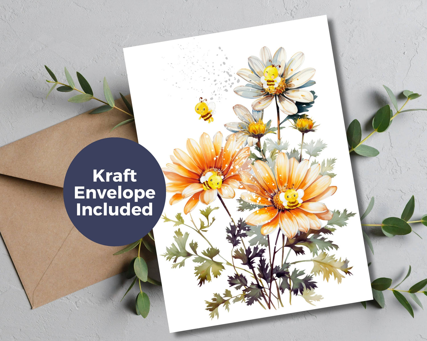 Watercolor Greeting Card - Orange Daisy and Bee