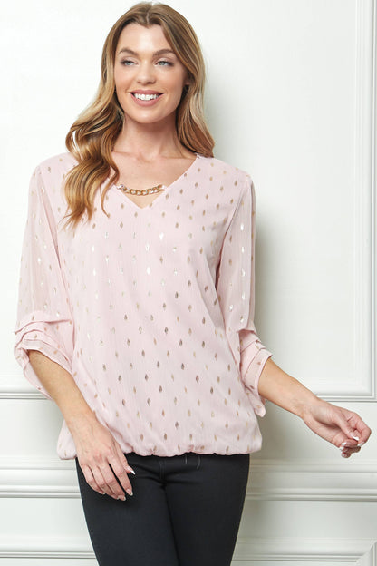 3/4 Sleeve V-Neck Top with Front Neck Chain Detail