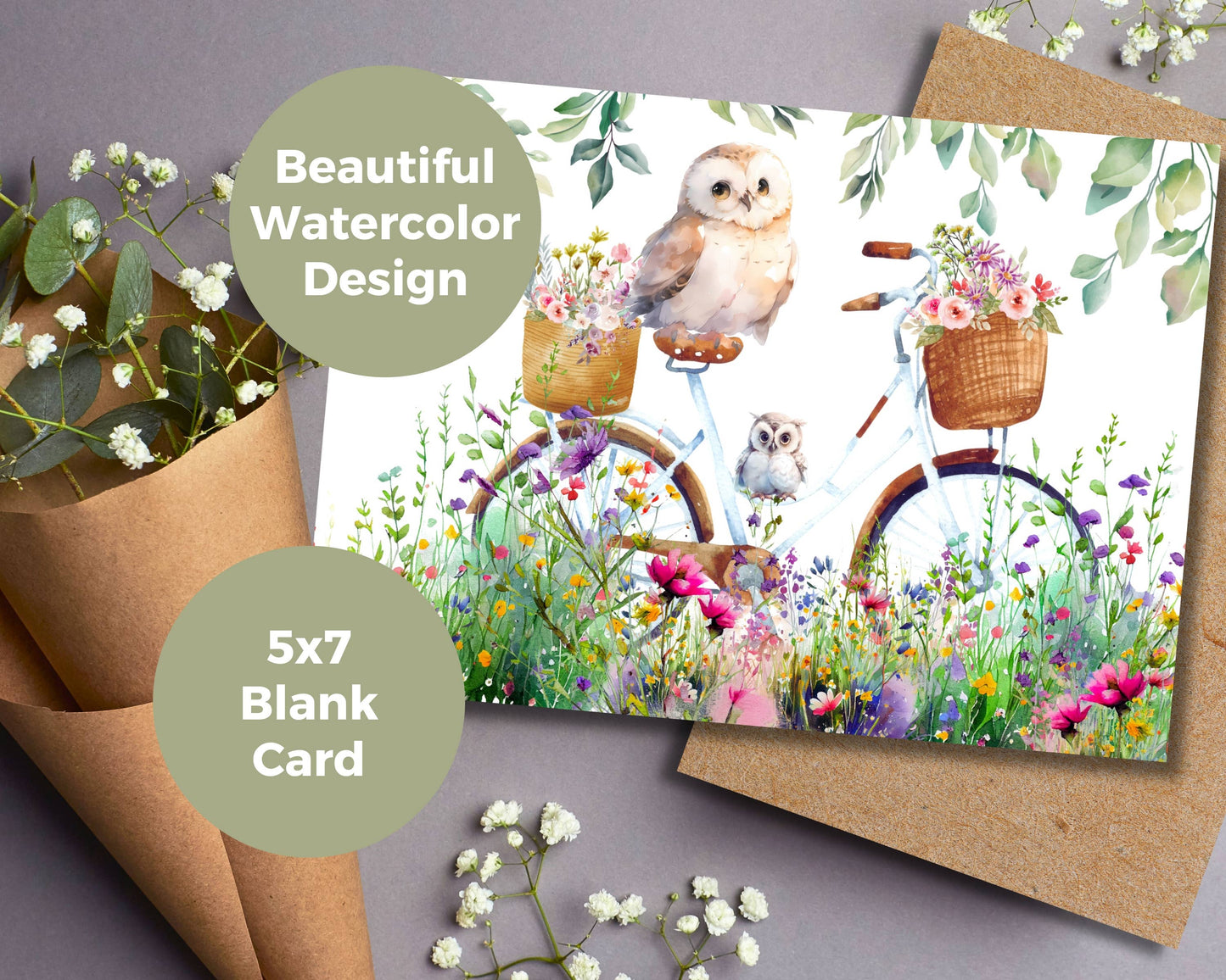 Watercolor Greeting Card - Owls Sitting on a Floral Bicycle