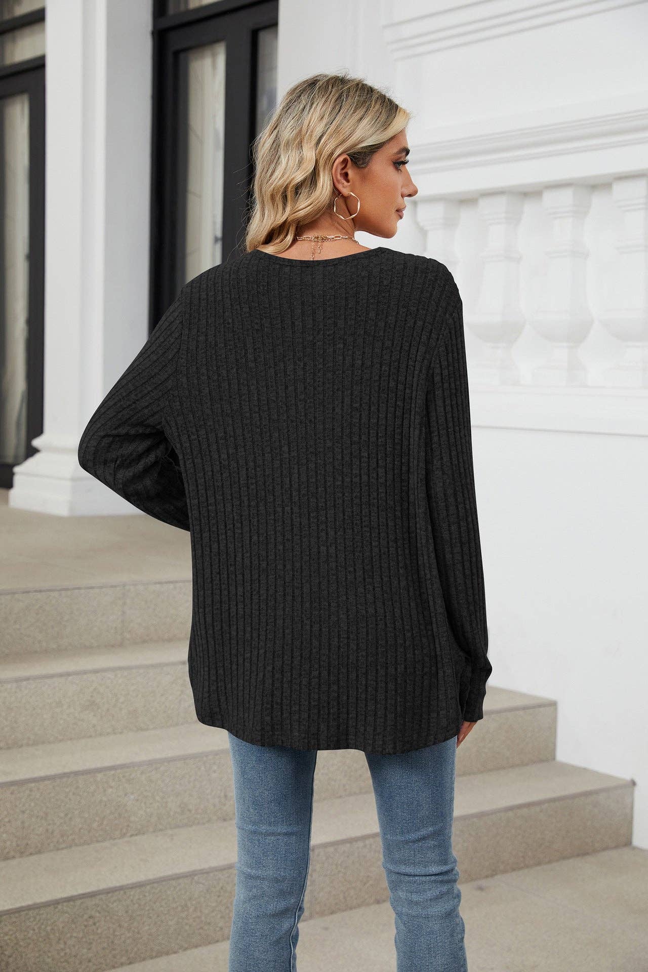 Ribbed Black Button-Down Cardigan