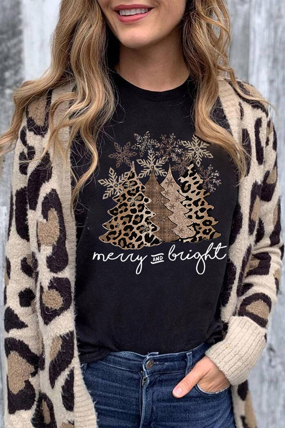 "Merry and Bright" Leopard Christmas Tree T Shirt