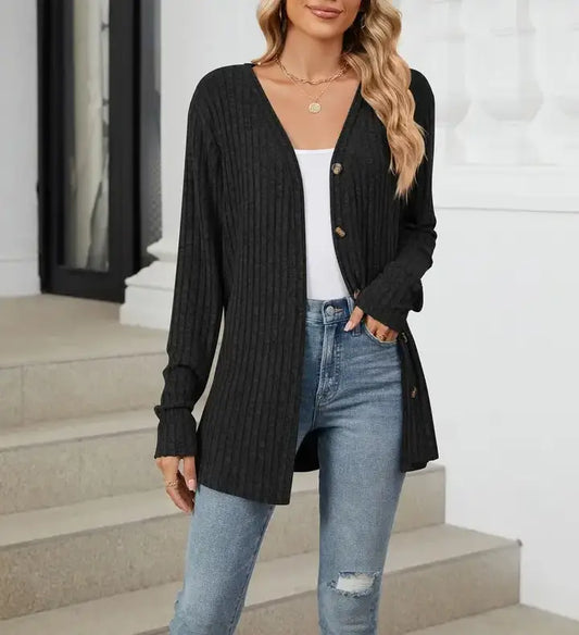 Ribbed Black Button-Down Cardigan