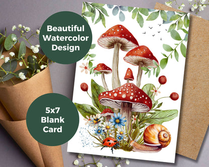 Watercolor Greeting Card - Mushrooms and Snail Friend