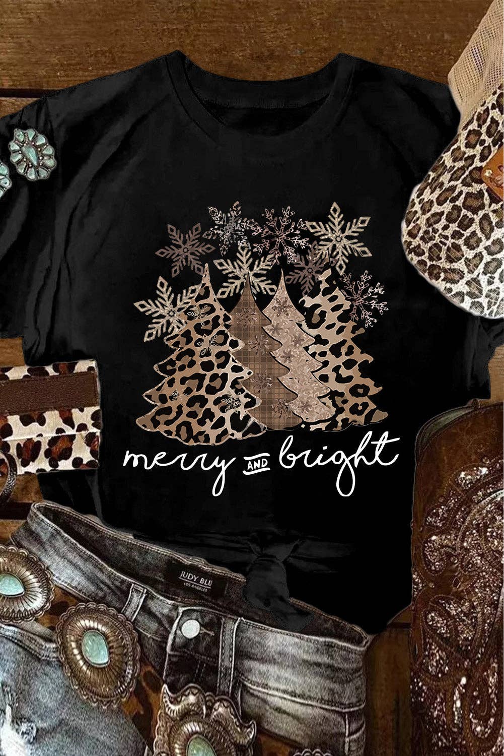 "Merry and Bright" Leopard Christmas Tree T Shirt
