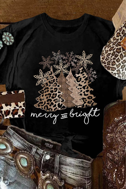 "Merry and Bright" Leopard Christmas Tree T Shirt