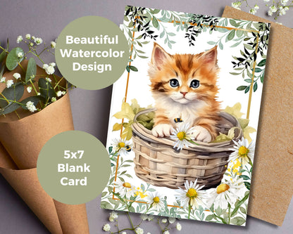 Watercolor Greeting Card - Kitten in Flowers