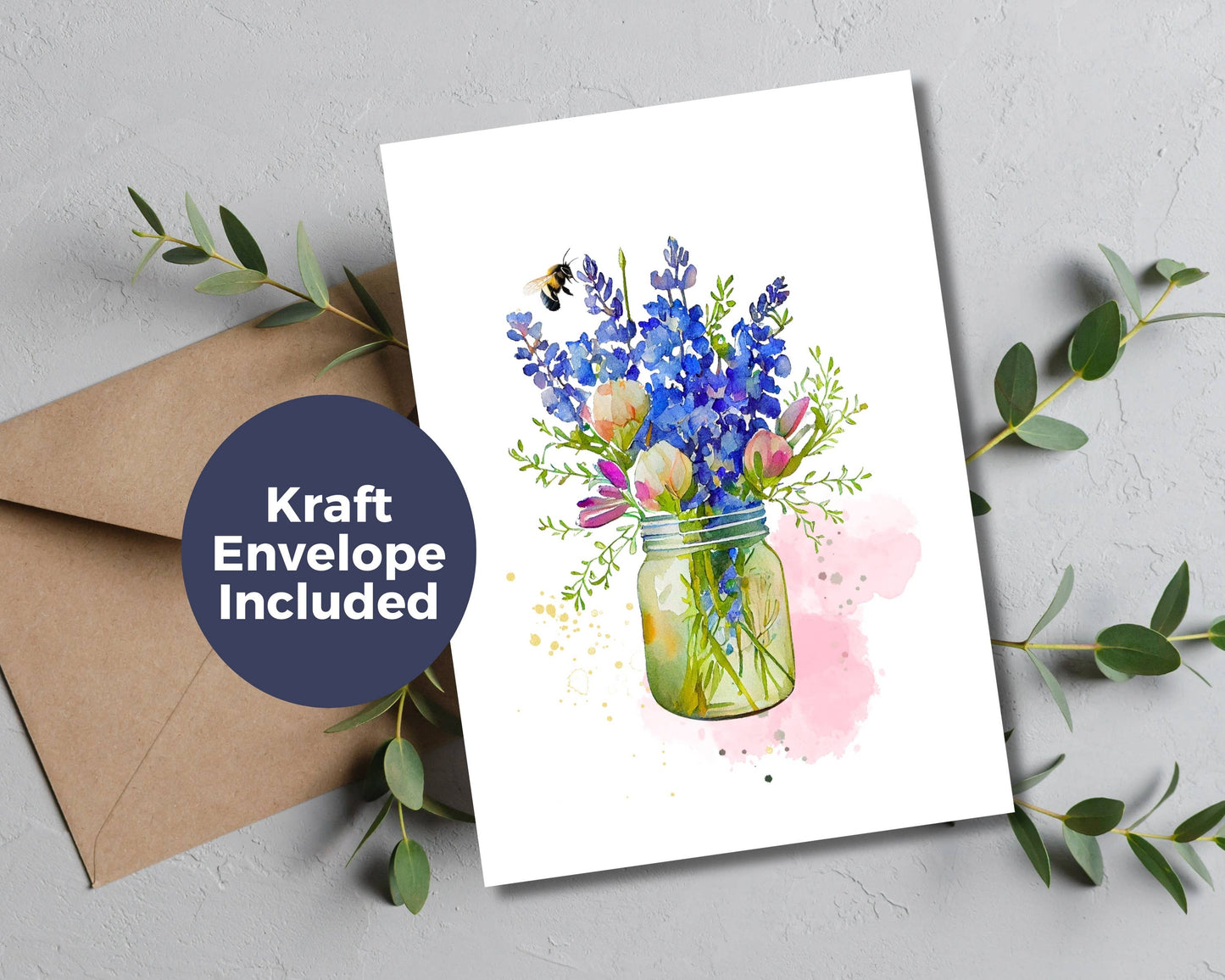 Watercolor Greeting Card - Blue Bouquet with Bee