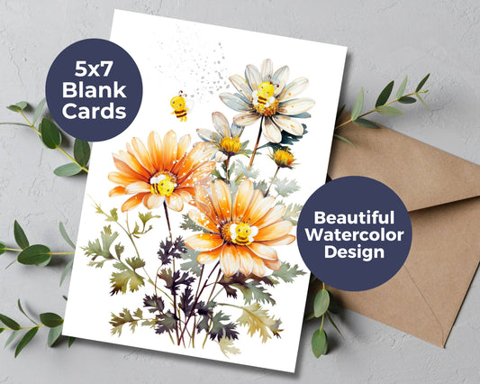 Watercolor Greeting Card - Orange Daisy and Bee