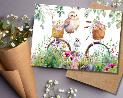 Watercolor Greeting Card - Owls Sitting on a Floral Bicycle