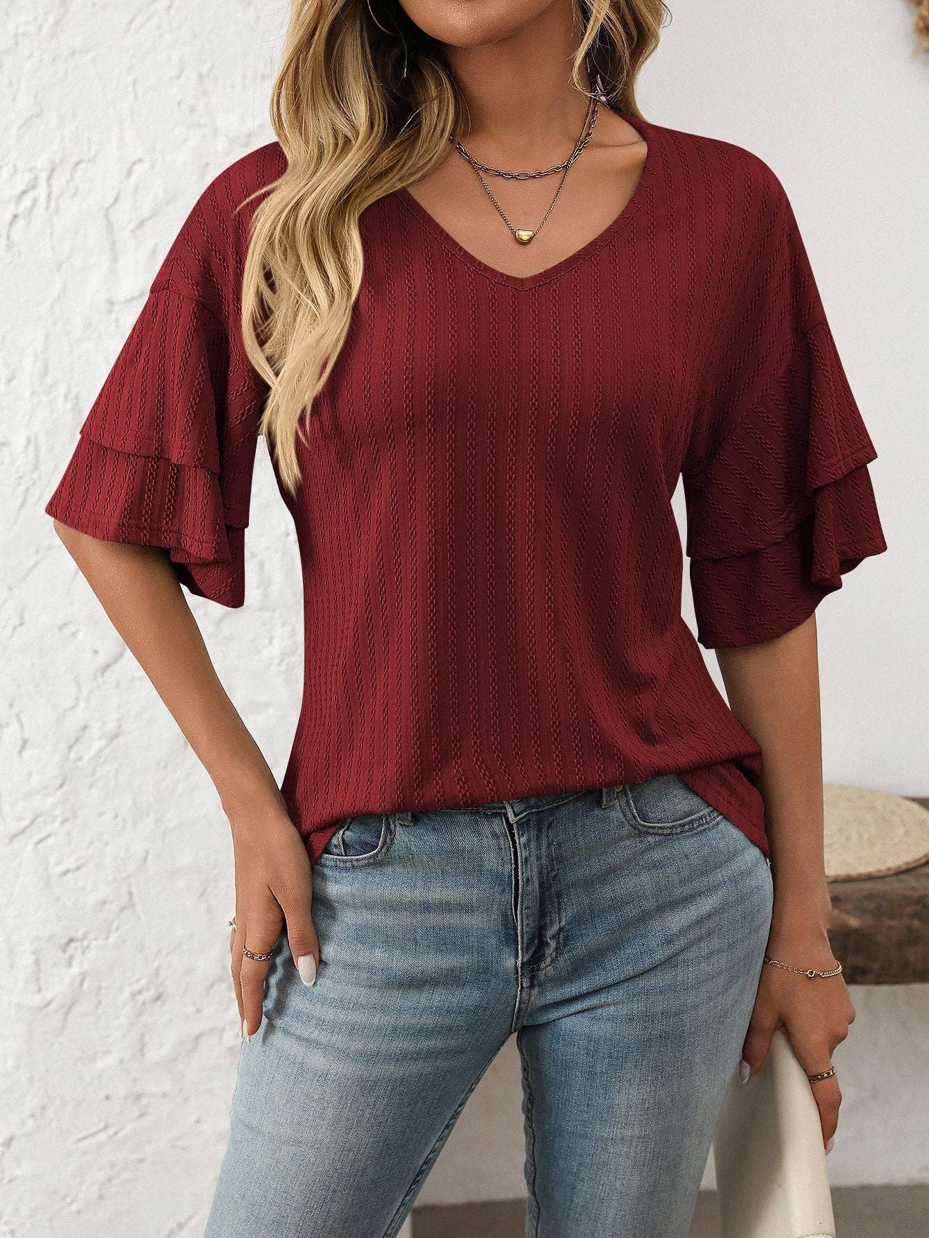 Burgundy V-Neck Ruffle Sleeve Blouse