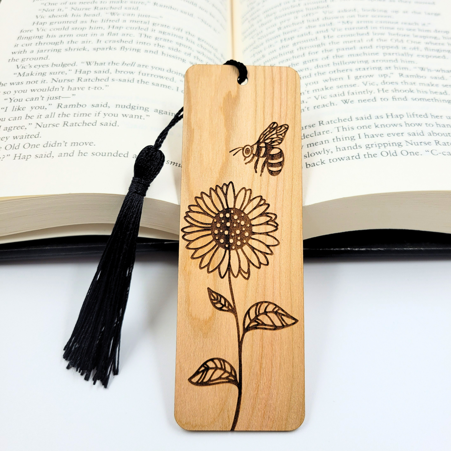 Sunflower and Bee Wood Bookmark