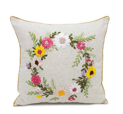 Embroidered Ribbon Flower Throw Pillow