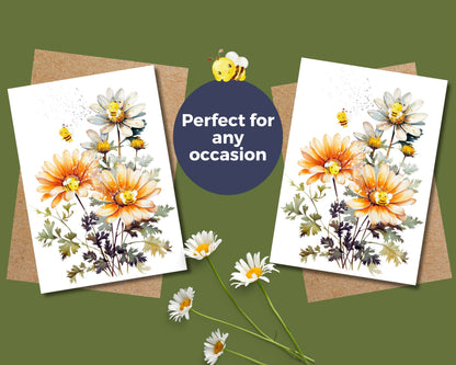 Watercolor Greeting Card - Orange Daisy and Bee