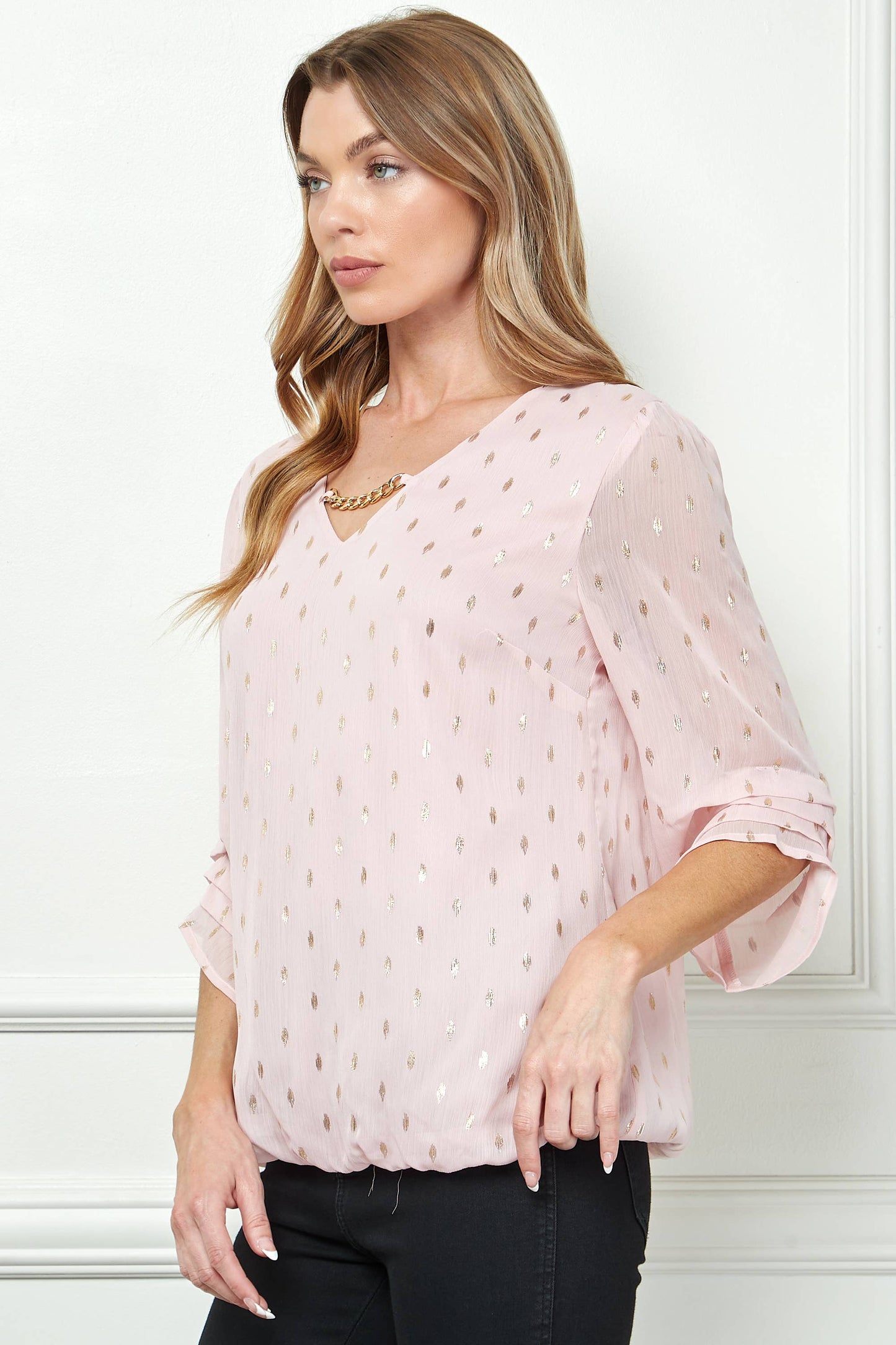 3/4 Sleeve V-Neck Top with Front Neck Chain Detail