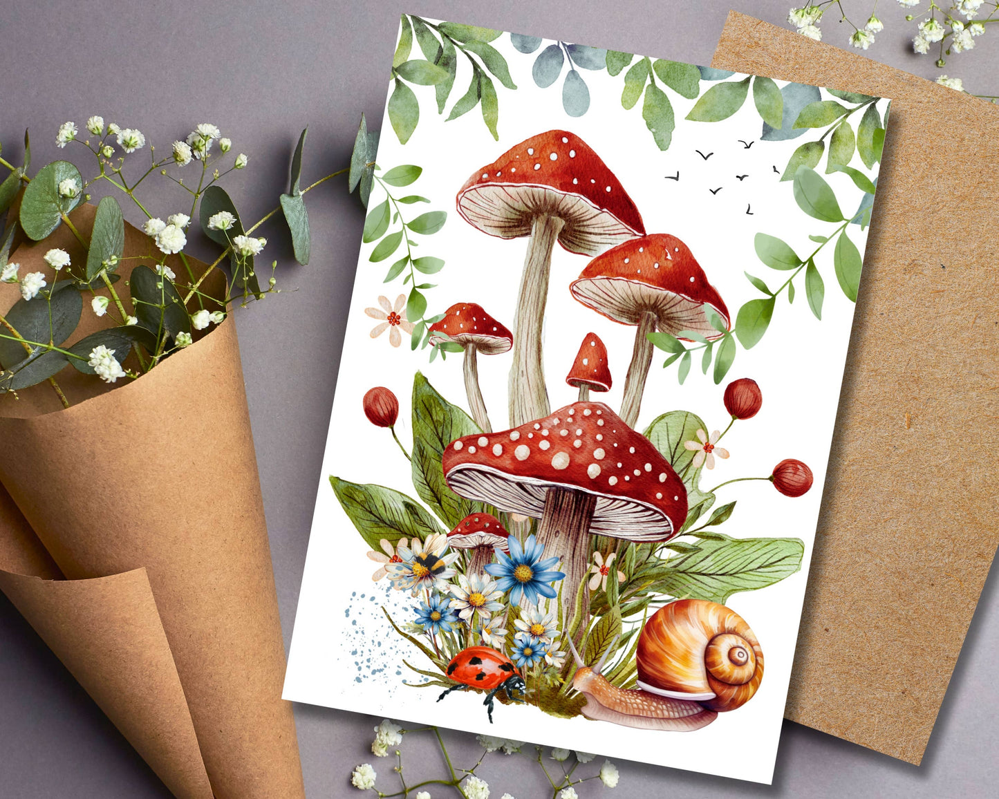 Watercolor Greeting Card - Mushrooms and Snail Friend