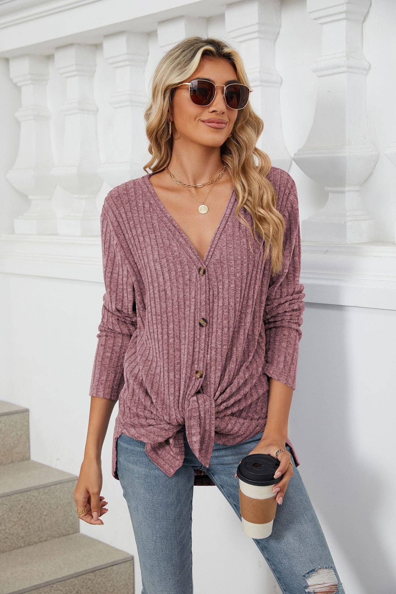 Ribbed Fuchsia Button-Down Cardigan
