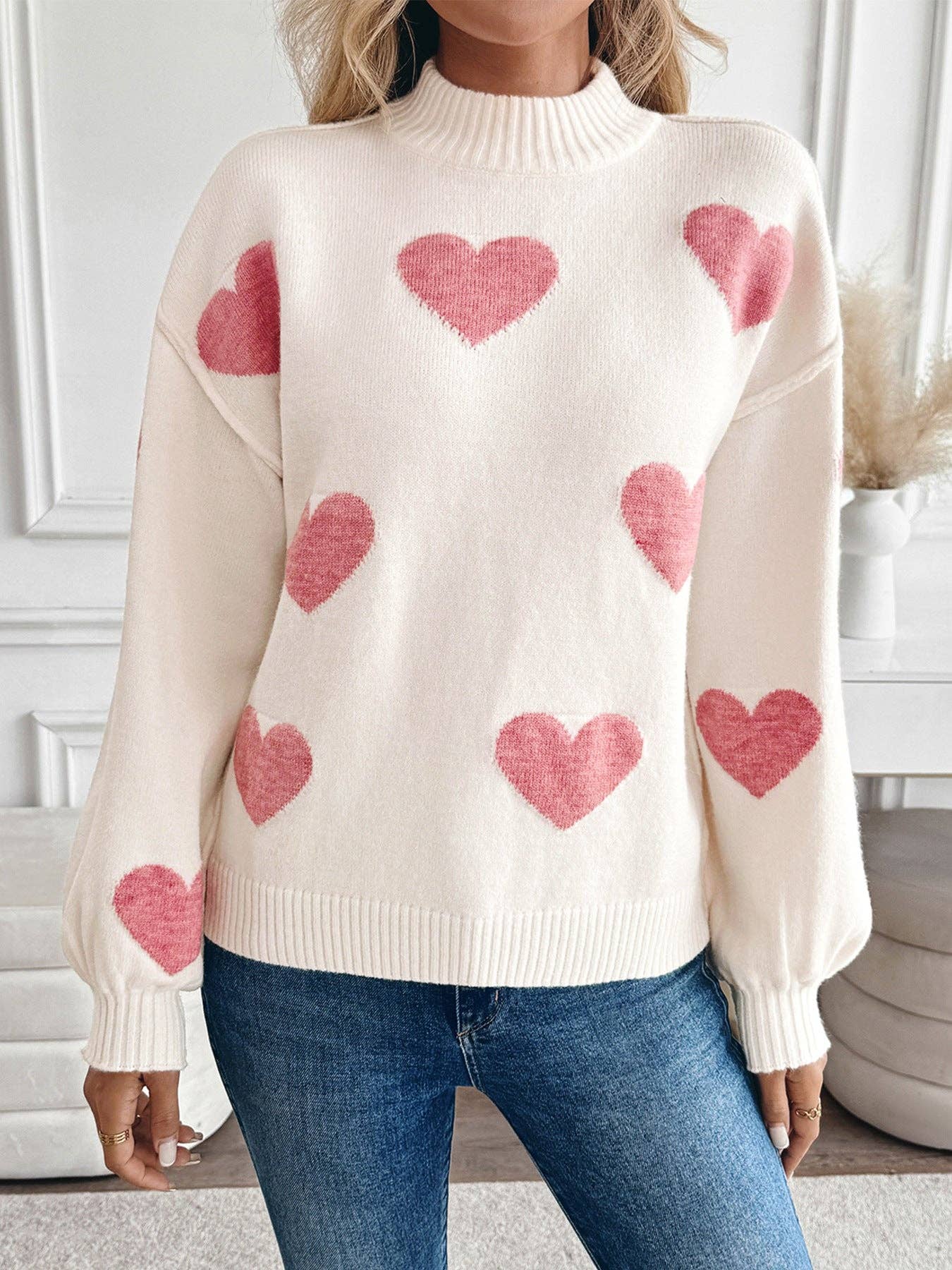 Pink Heart Mockneck Sweater