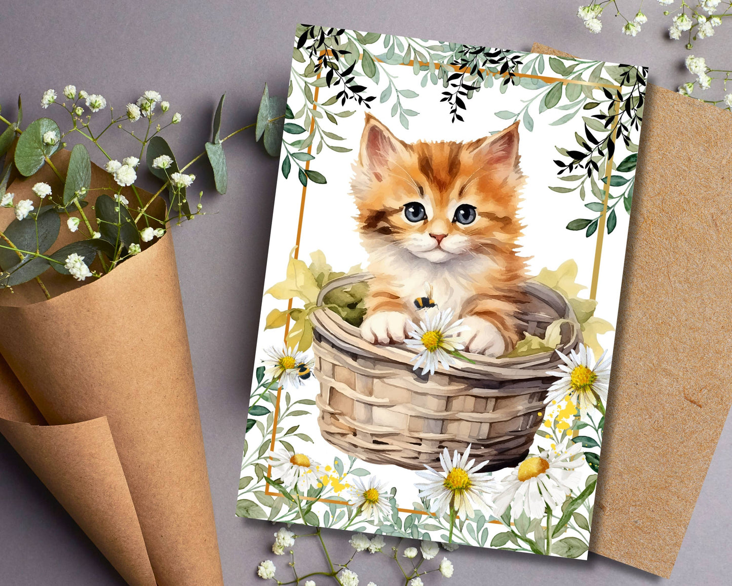 Watercolor Greeting Card - Kitten in Flowers