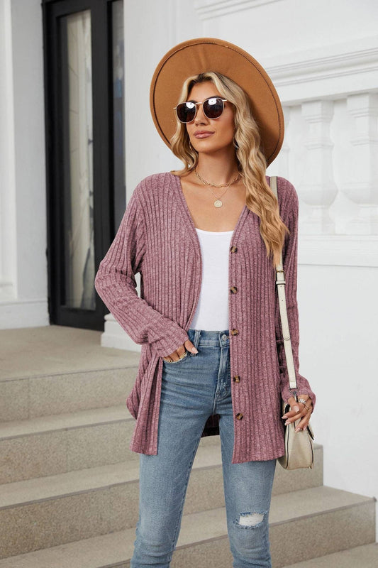 Ribbed Fuchsia Button-Down Cardigan
