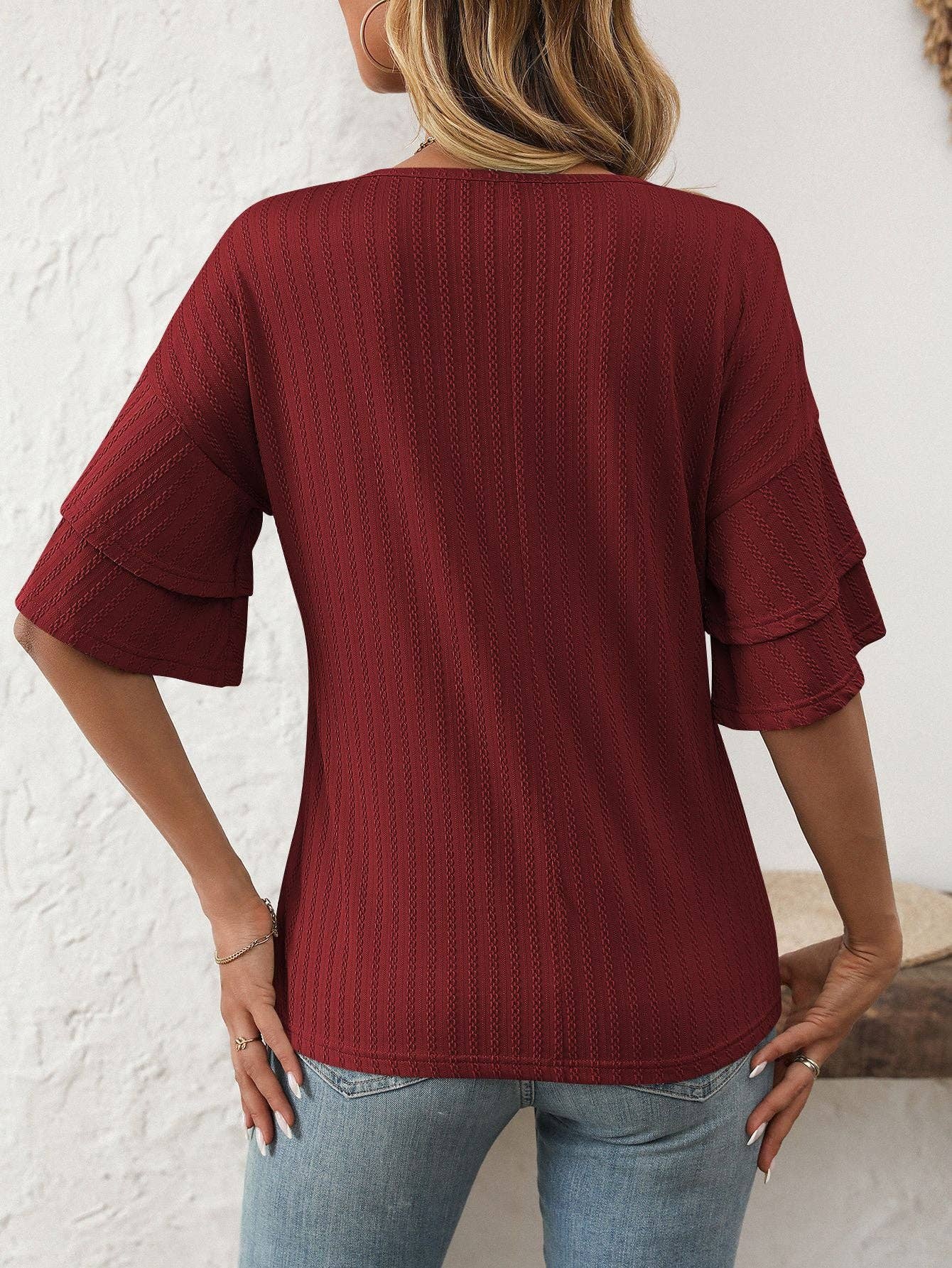 Burgundy V-Neck Ruffle Sleeve Blouse