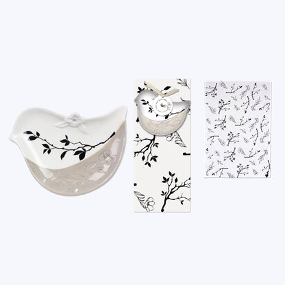 Ceramic Gray and White Bird Soap Dish with Cotton Towel Set