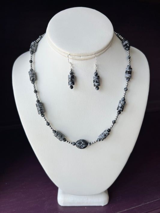 Snowflake Obsidian Necklace and Earrings Set