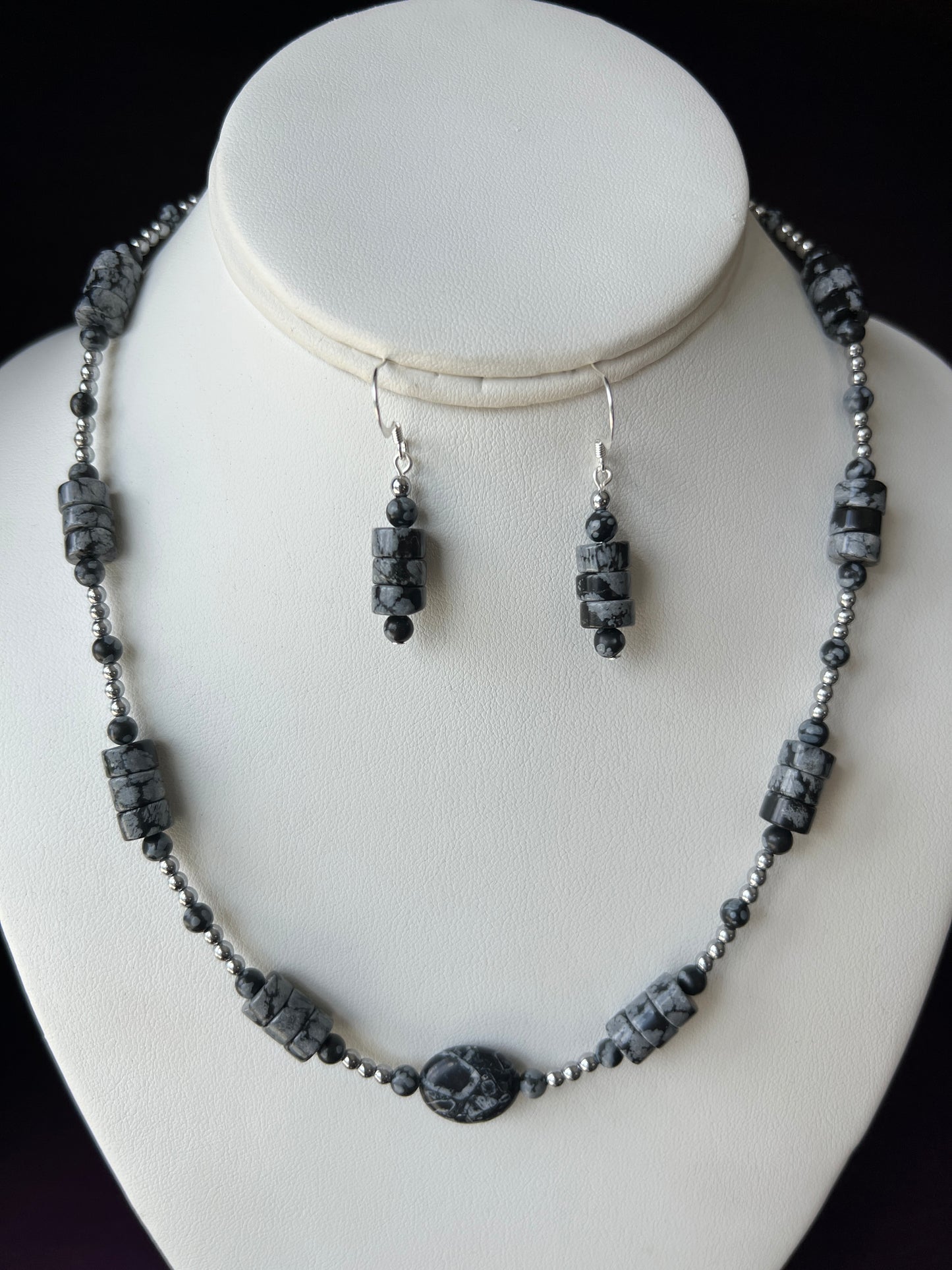 Snowflake Obsidian Necklace and Earrings Set