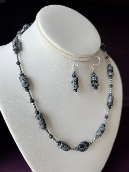 Snowflake Obsidian Necklace and Earrings Set