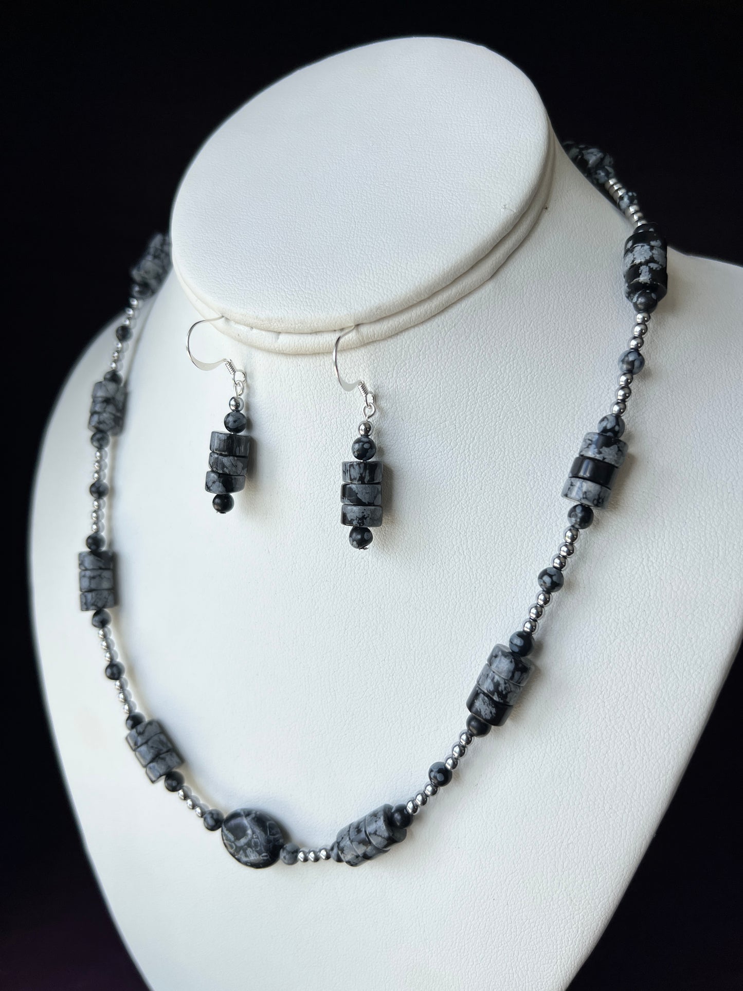 Snowflake Obsidian Necklace and Earrings Set