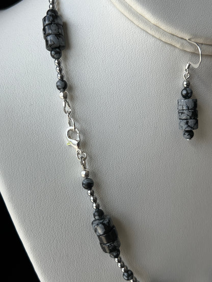 Snowflake Obsidian Necklace and Earrings Set