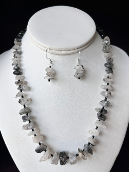 Black Tourmalinated Quartz Necklace and Earrings Set