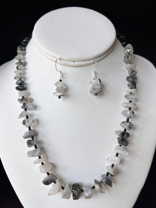 Black Tourmalinated Quartz Necklace and Earrings Set