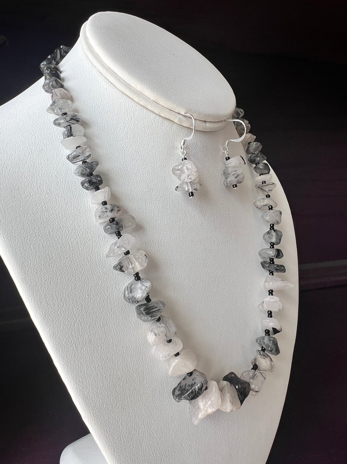 Black Tourmalinated Quartz Necklace and Earrings Set