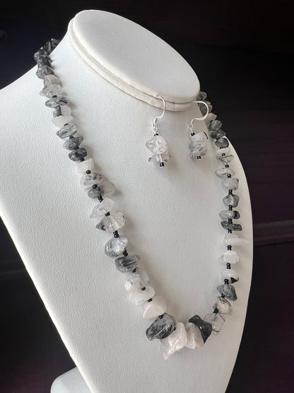Black Tourmalinated Quartz Necklace and Earrings Set