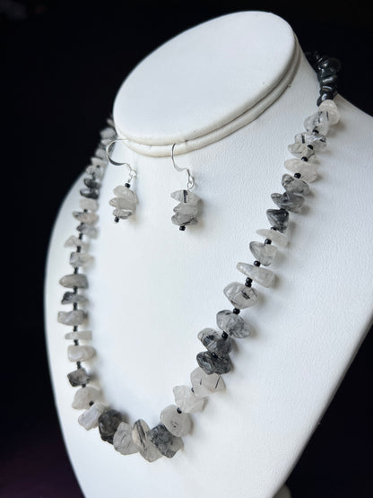 Black Tourmalinated Quartz Necklace and Earrings Set