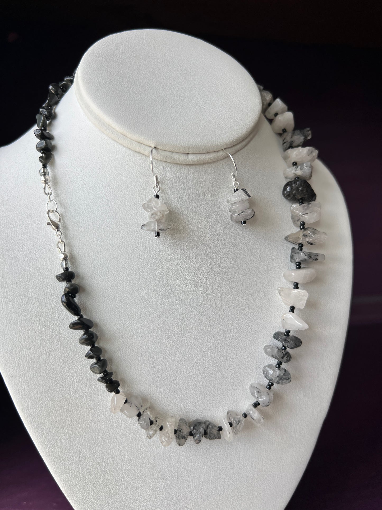 Black Tourmalinated Quartz Necklace and Earrings Set