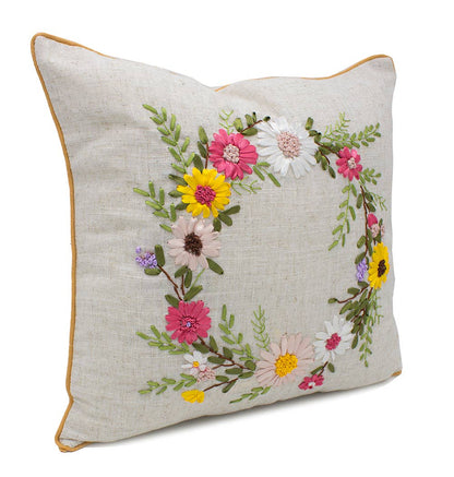 Embroidered Ribbon Flower Throw Pillow