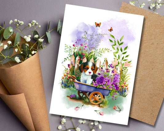 Watercolor Greeting Card: Beagle Puppy in Wheelbarrow