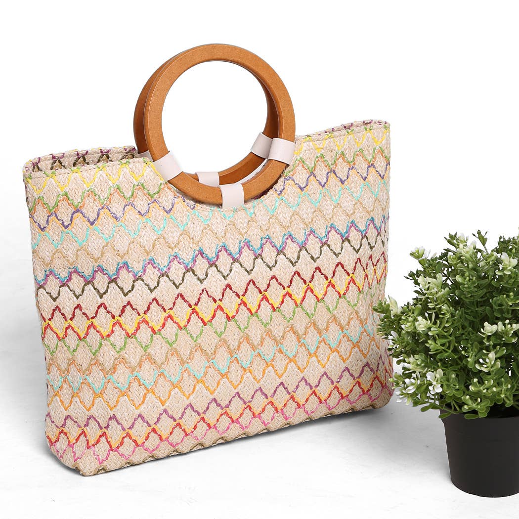 Wooden Round Handle Straw Tote Bag