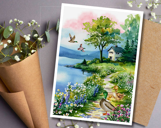 Watercolor Greeting Card: Ducks on a Lakeside Path