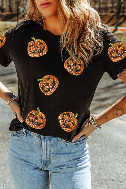 Sequin Pumpkin Halloween Tee