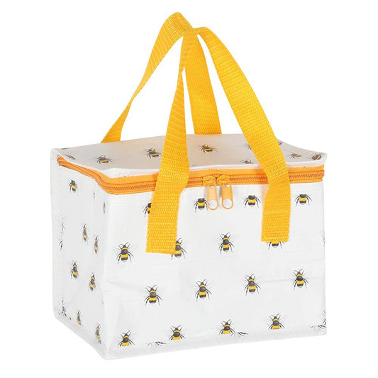 Bee print lunch bag with yellow handles and zipper closure.