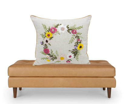 Embroidered Ribbon Flower Throw Pillow