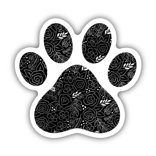 Sticker in a paw print shape with black floral design.