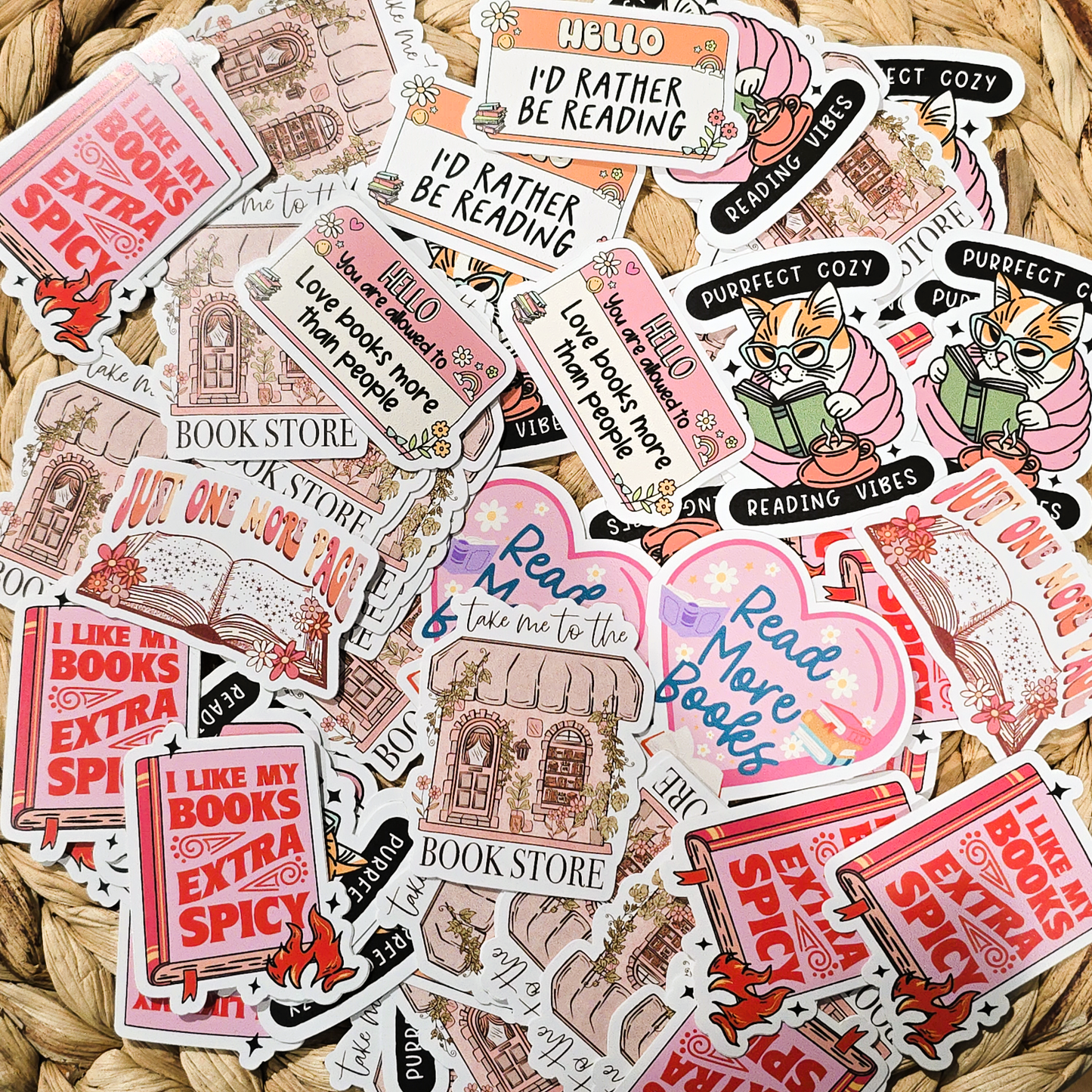 An assortment of reading and book-themed stickers.
