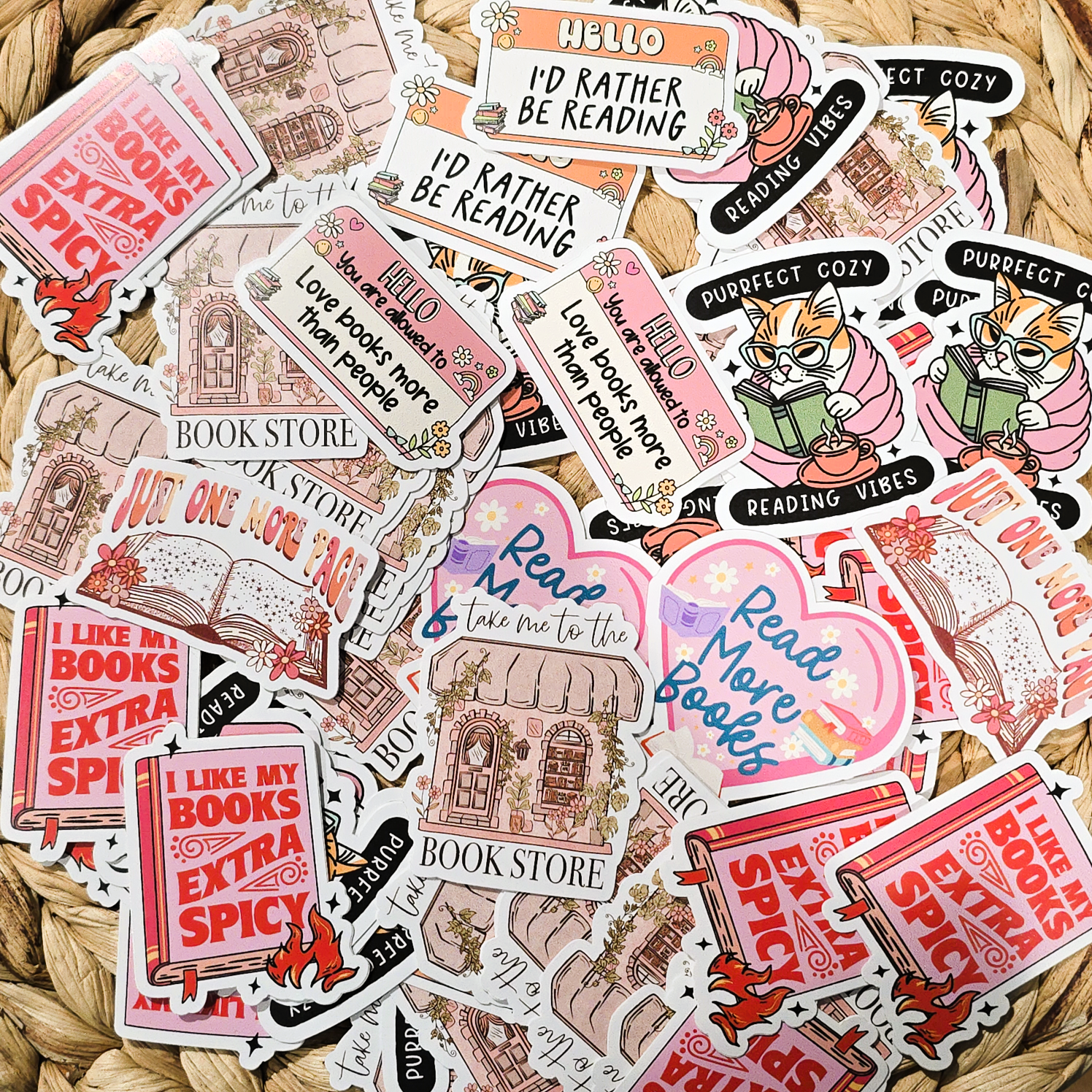 An assortment of reading and book-themed stickers.