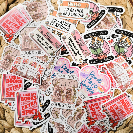 An assortment of reading and book-themed stickers.